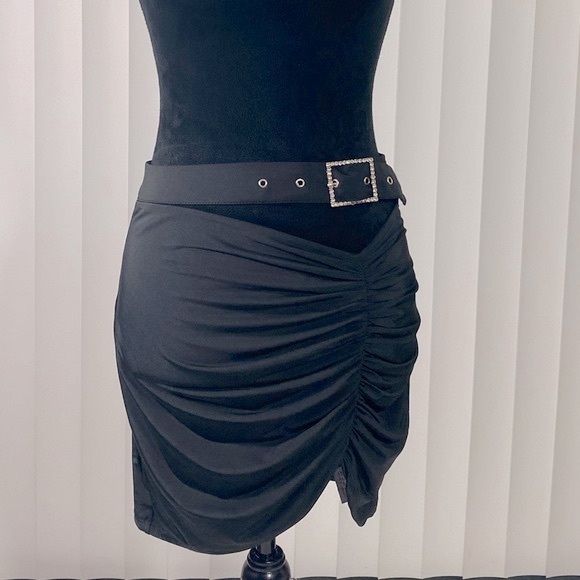 KIKIRIKI Ruched Mesh Mini Skirt Rhinestone Belt Cutout Design Black Size Small - Picture 5 of 12